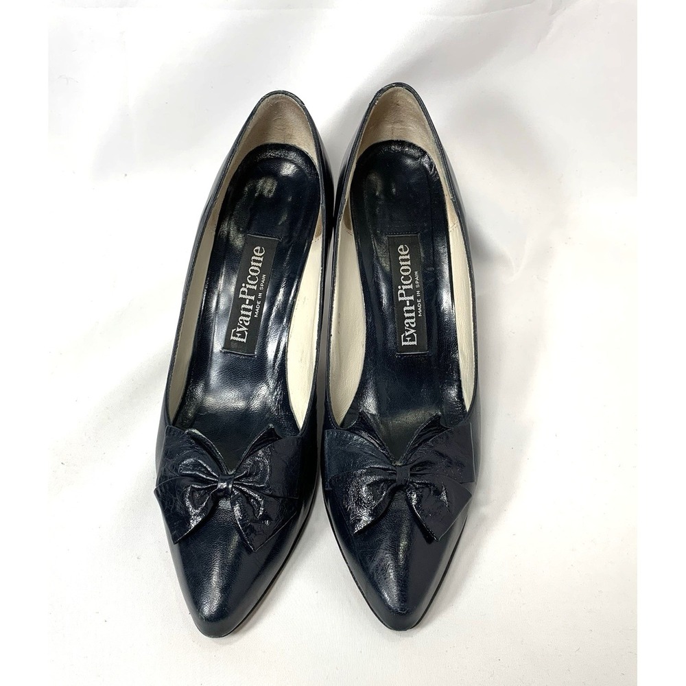Evan Picone Pumps Womens 8.5 Navy Blue Leather Bow Pointy Toe Vintage 3" Heel - Picture 11 of 12
